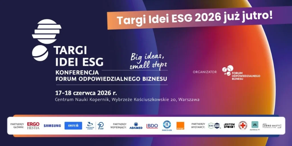 Plakat informujący o Targach Idei ESG 2026, u dołu logo partnerów