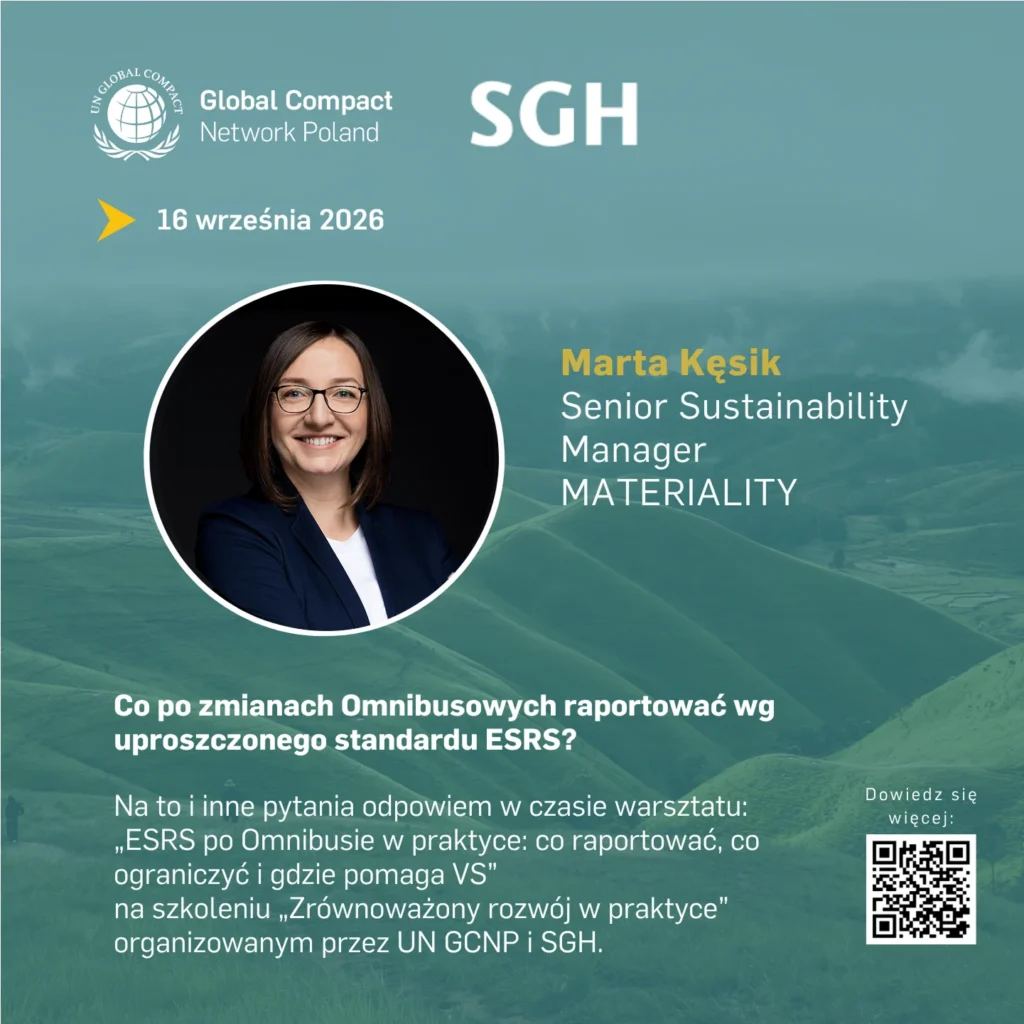 Grafika promująca szkolenie „Zrównoważony rozwój w praktyce” organizowane przez UN Global Compact Network Poland i SGH. W górnej części znajdują się logotypy UN Global Compact Network Poland oraz SGH, a także data wydarzenia: 16 września 2026 r. Pośrodku umieszczono okrągłe zdjęcie prelegentki oraz informacje: Marta Kęsik, Senior Sustainability Manager, MATERIALITY. Na tle zielonego, górzystego krajobrazu widnieje pytanie: „Co po zmianach Omnibusowych raportować wg uproszczonego standardu ESRS?”. Poniżej znajduje się zapowiedź warsztatu: „ESRS po Omnibusie w praktyce: co raportować, co ograniczyć i gdzie pomaga VS”, realizowanego w ramach szkolenia „Zrównoważony rozwój w praktyce”. W prawym dolnym rogu umieszczono kod QR z dopiskiem „Dowiedz się więcej”.