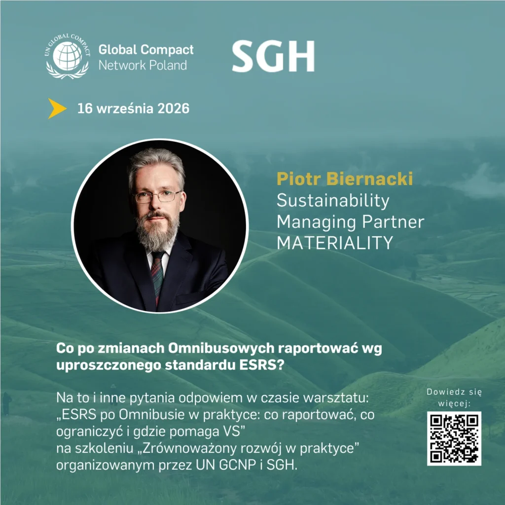 Grafika promująca szkolenie „Zrównoważony rozwój w praktyce” organizowane przez UN Global Compact Network Poland i SGH. W górnej części znajdują się logotypy UN Global Compact Network Poland oraz SGH, a także data wydarzenia: 16 września 2026 r. Pośrodku umieszczono okrągłe zdjęcie prelegenta oraz informacje: Piotr Biernacki, Sustainability Managing Partner, MATERIALITY. Na tle zielonego, górzystego krajobrazu widnieje pytanie: „Co po zmianach Omnibusowych raportować wg uproszczonego standardu ESRS?”. Poniżej znajduje się zapowiedź warsztatu: „ESRS po Omnibusie w praktyce: co raportować, co ograniczyć i gdzie pomaga VS”, realizowanego w ramach szkolenia „Zrównoważony rozwój w praktyce”. W prawym dolnym rogu umieszczono kod QR z dopiskiem „Dowiedz się więcej”.
