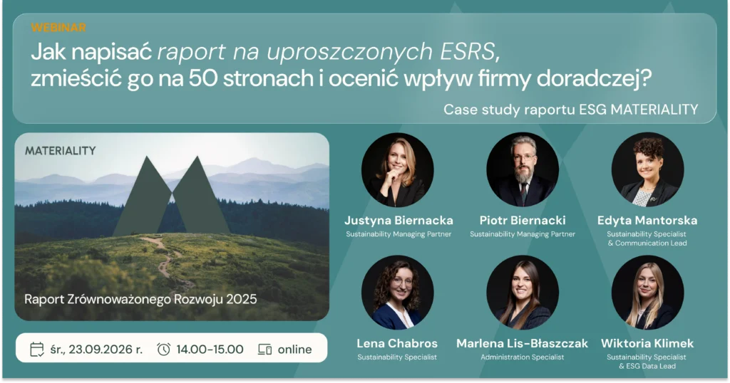 Grafika promująca webinar MATERIALITY pt. „Jak napisać raport na uproszczonych ESRS, zmieścić go na 50 stronach i ocenić wpływ firmy doradczej? Case study raportu ESG MATERIALITY”. Na grafice widoczna jest okładka Raportu Zrównoważonego Rozwoju 2025 oraz zdjęcia sześciu prelegentów. Webinar odbędzie się 23 września 2026 r. w godz. 14:00–15:00 w formule online.